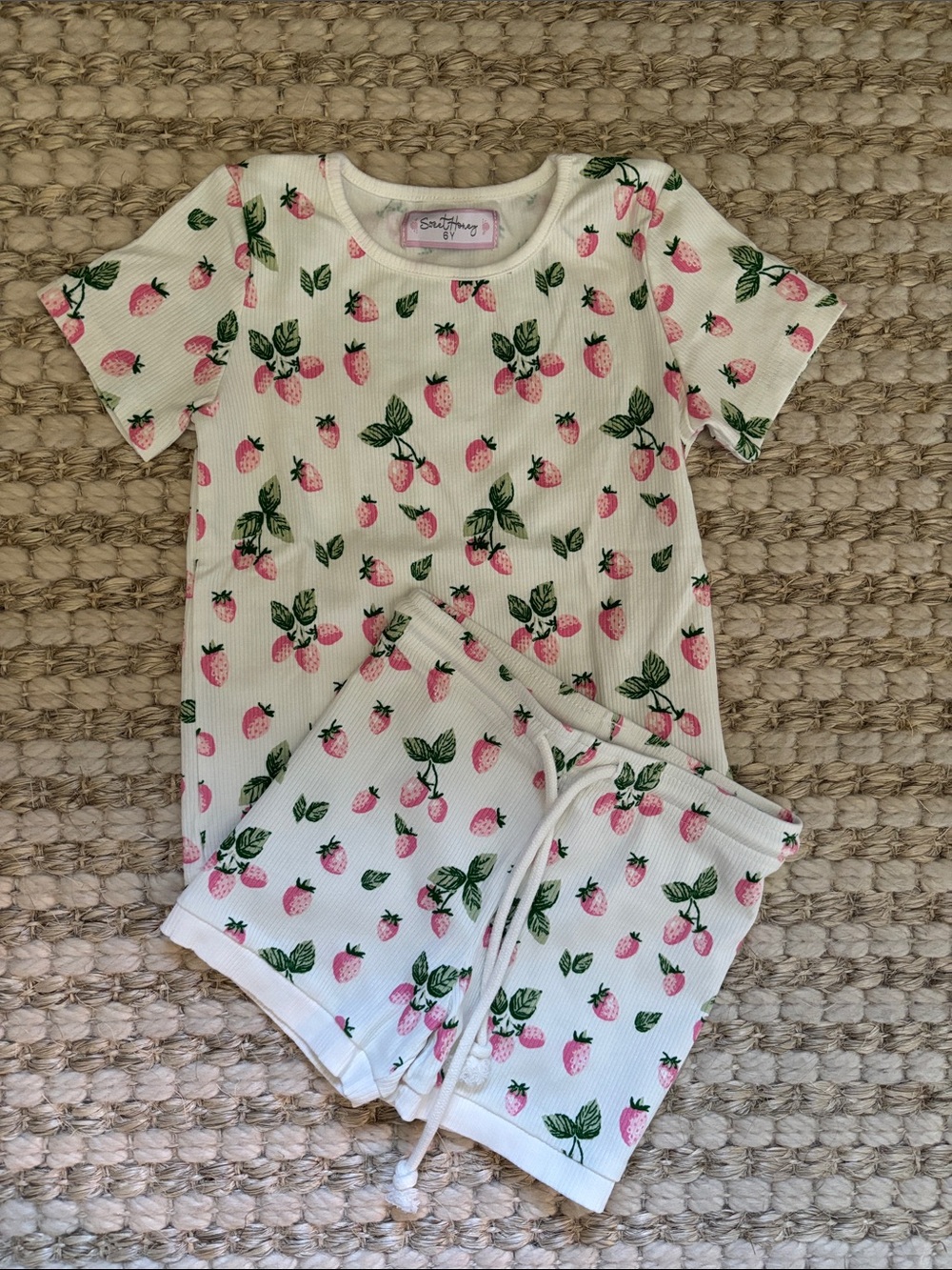 Strawberry Print Kids Pajama Set - Pink on White